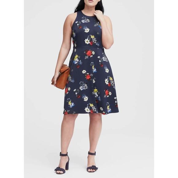 BANANA REPUBLIC Patrizia Floral Racer Halter Fit-& Flare Navy Dress Sz 14 - Picture 1 of 9